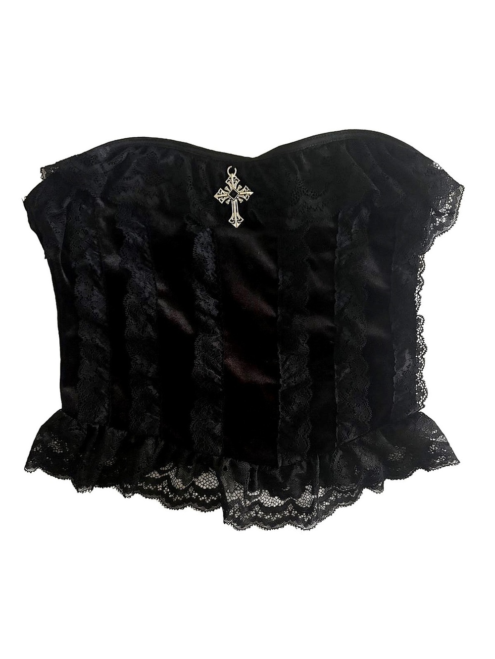 ROMWE Black Lace Velvet Strapless Corset Top with Cross Pendant #mallgoth #goth